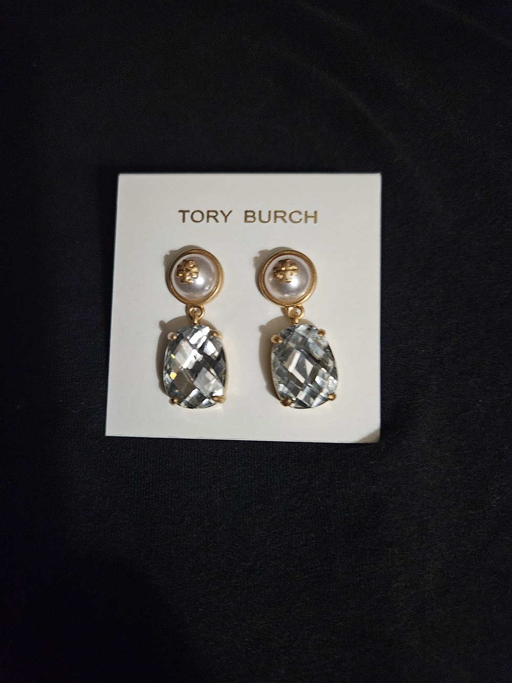 Tory Burch Gold Pearl and Clear Crystal Drop Earrings